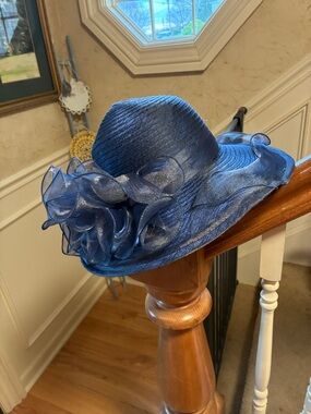 Women's Navy Dress Hat with Decorative Organza Flowers